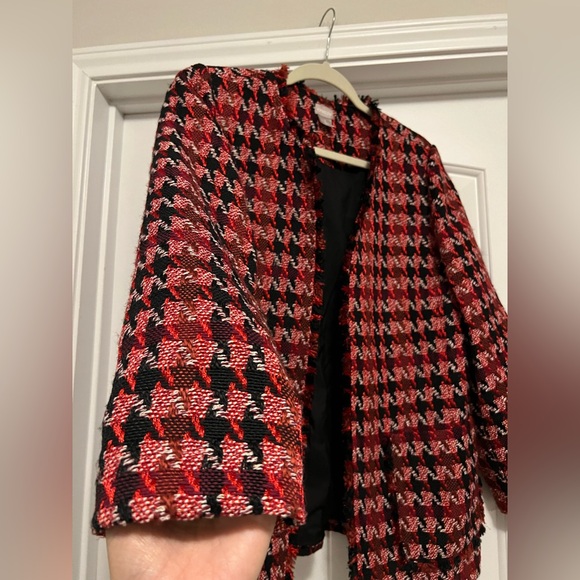 Chico’s Red Black Tweed Houndstooth Fringe Jacket Blazer 1P Office Wear  Holiday - Picture 8 of 12